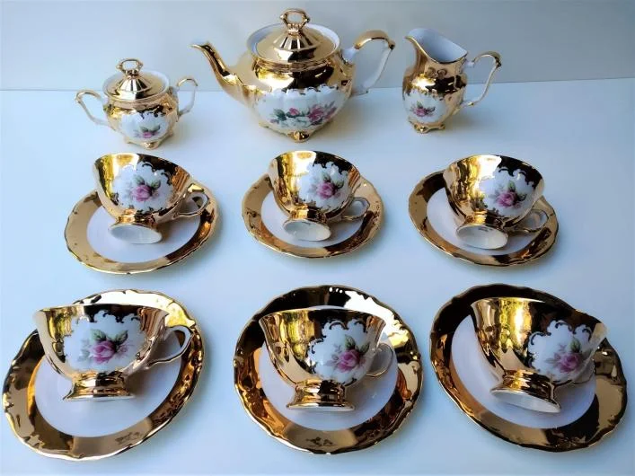 24k Handpainted Gold Pink Flower Tea Set