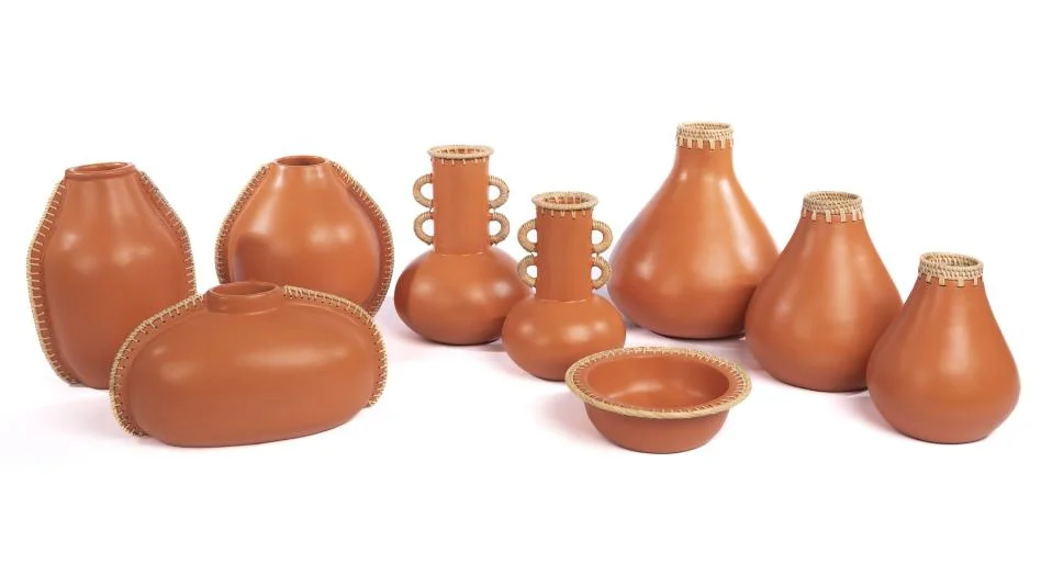 Terracotta Vases with Rattan Trim