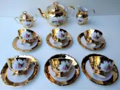 24k Handpainted Gold Pink Flower Tea Set