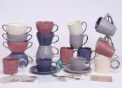 Embossed Ceramic Set with Silver Rim