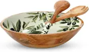 Bộ bát salad và khay phục vụ tráng men từ gỗ