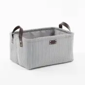 Velvet Ribbed Home Storage Basket with Leather Handles
