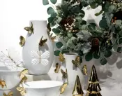 White Ceramic Vase with Golden Butterfly Pattern