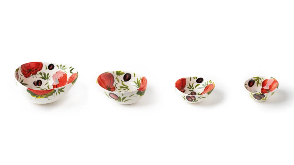 Hand-Painted Ceramic Bowls with Olive and Tomato Motifs