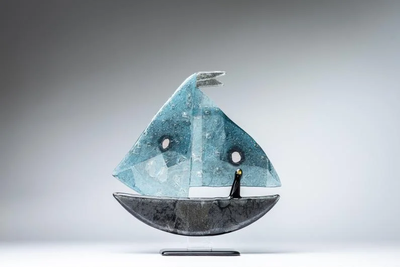 BLUE SHIP Art Glass Sculpture