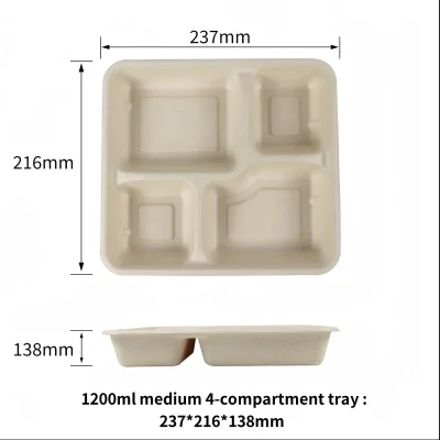 1200ml 4-Compartment Bagasse Food Trays