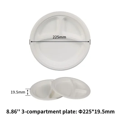 8.86 Inch 3-Compartment Compostable Bagasse Plates