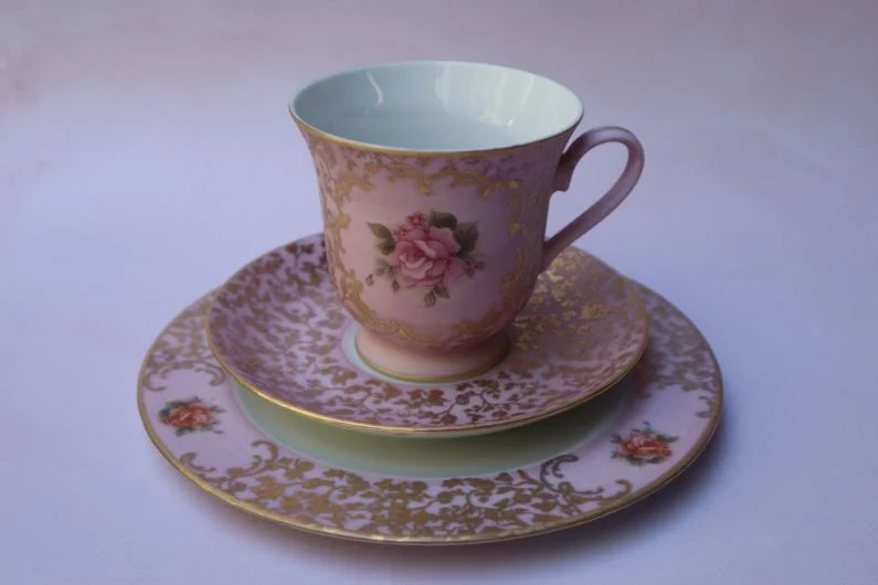 Pink Rose Tea Cup Saucer and Dessert Plate