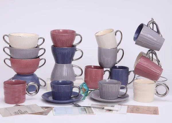 Embossed Ceramic Set with Silver Rim