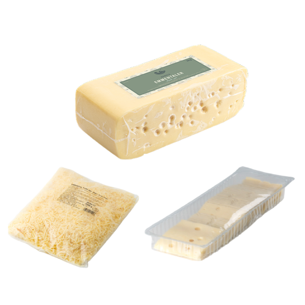 Khối phô mai Emmental bào sợi và lát