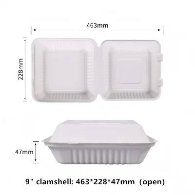 9 Inch Compostable Sugarcane Clamshell Food Containers