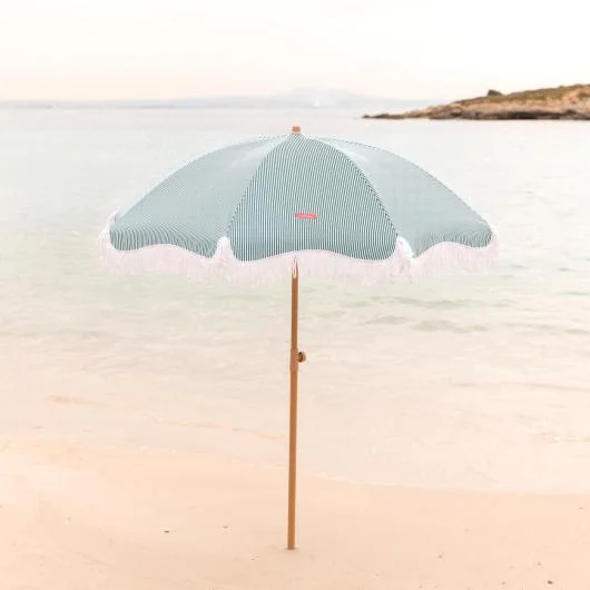 Green Umbrella with White Stripes