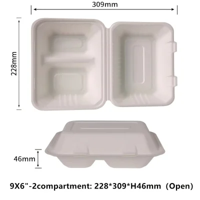 9x6 Inch 2-Compartment Compostable Clamshell Food Containers