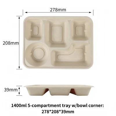 1400ml 5-Compartment Compostable Bagasse Trays