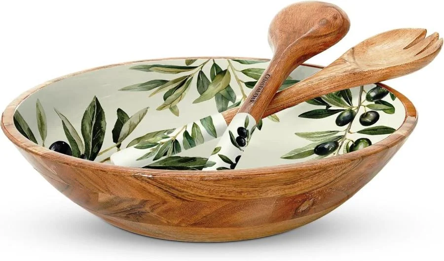 Bộ bát salad và khay phục vụ tráng men từ gỗ