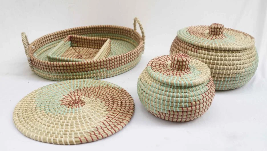 Seagrass and Coloured Plastic String Basket