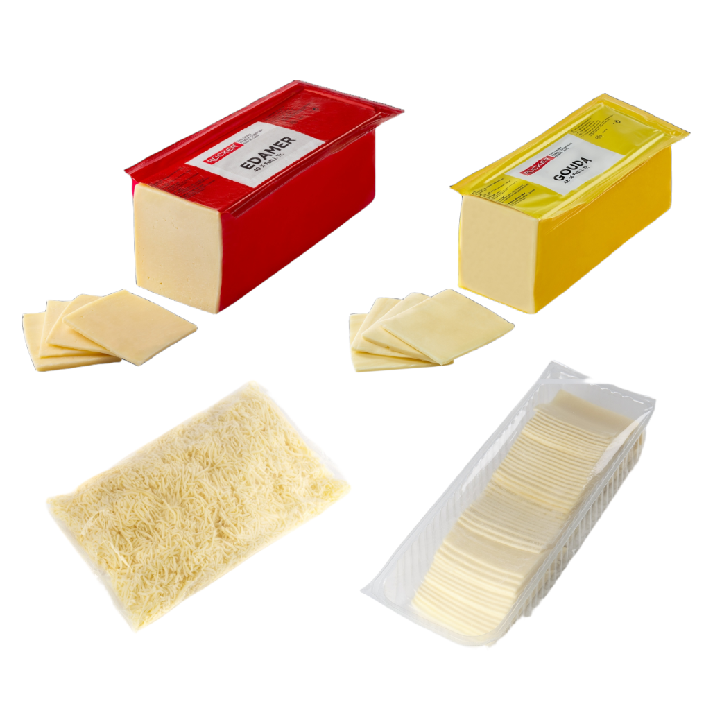 Edam və Gouda pendir blokları rəndələnmiş və dilimlənmiş