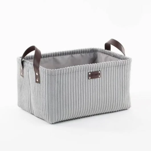Velvet Ribbed Home Storage Basket with Leather Handles