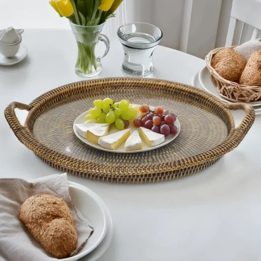 Rattan Round Cheese Tray with Handles