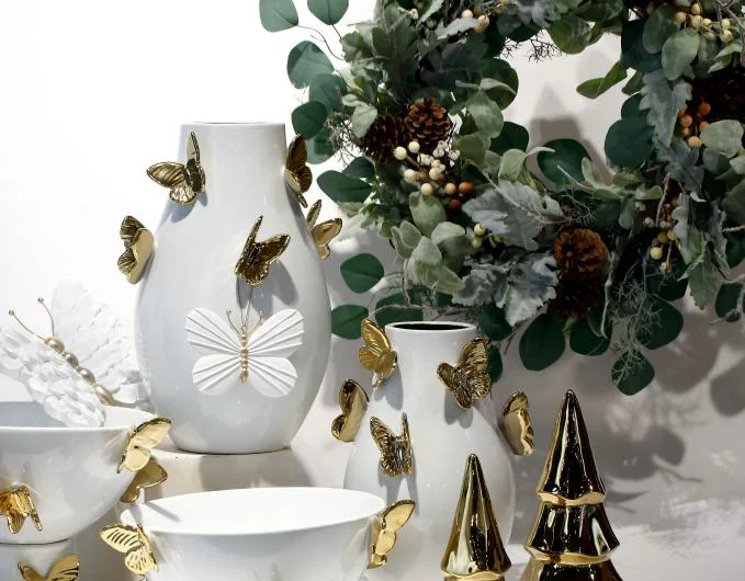 White Ceramic Vase with Golden Butterfly Pattern