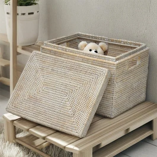White Rectangular Rattan Storage Holder