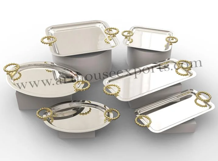 Stainless Steel Serving Trays with Gold Metal Handles